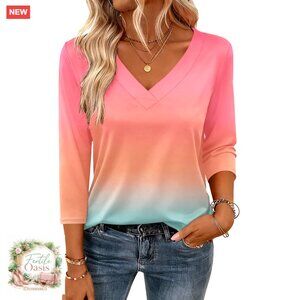 V-Neck 3/4 Sleeve Blouse Elegant Chic Casual Tunic Top Loose Fit